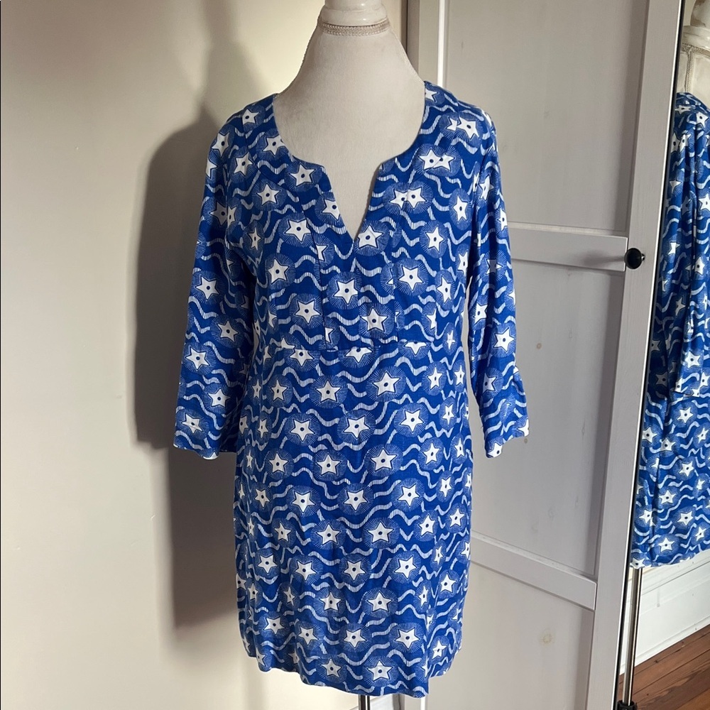 Boden US 10P Blue & White Star Print 100% Linen Notch Neck Shift Dress